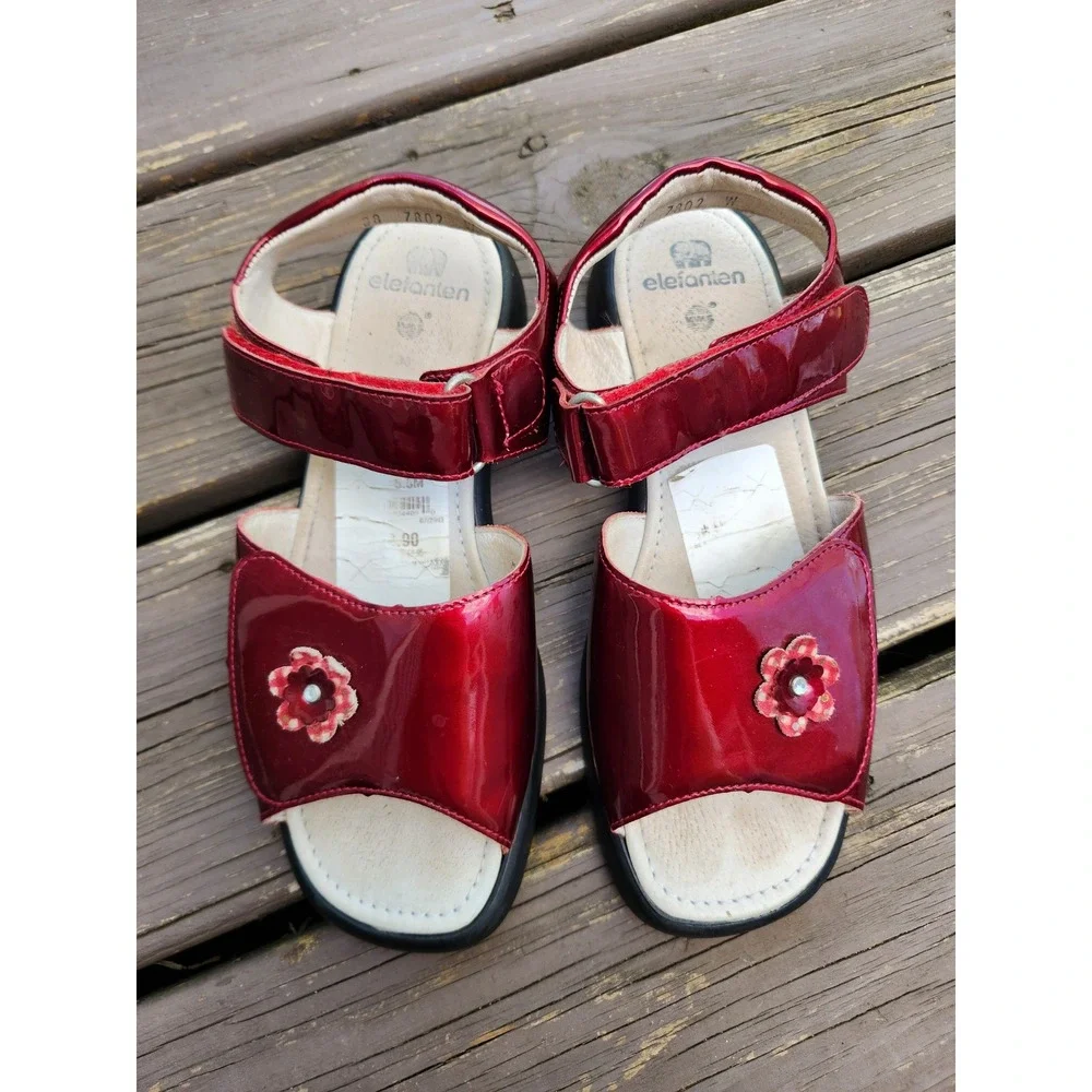 Elefanten‎ Platform Sandals Red Patent Leather Floral Applique Vintage Size 38